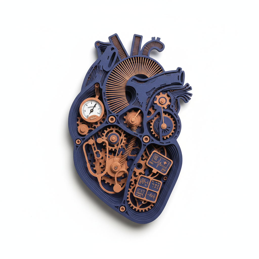 A mechanical heart with diagnostic instruments attached, representing system health monitoring and self-recovery mechanisms.
