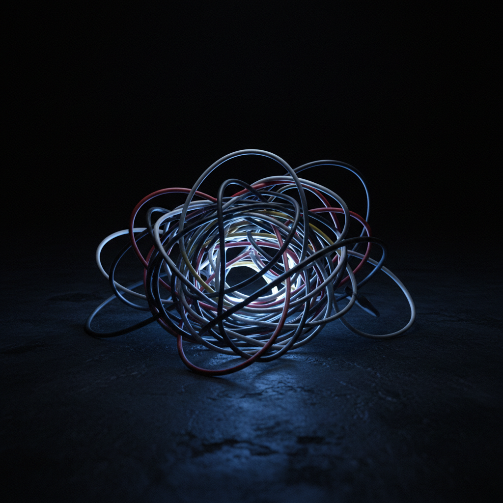 A close-up of tangled cables illuminated by an indigo glow, symbolizing complexity in AI error handling.