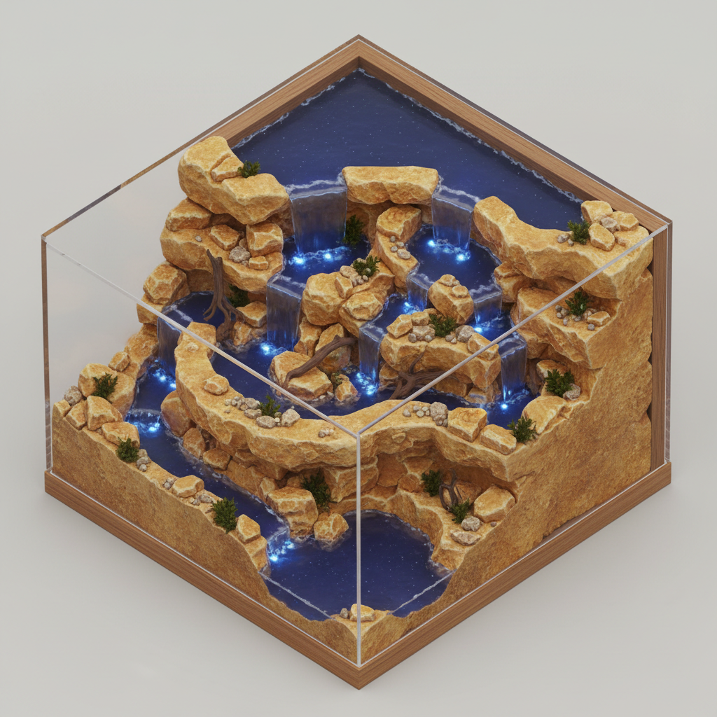 A miniature waterfall system with multiple tiers showing graceful degradation from complex to simple fallback mechanisms.