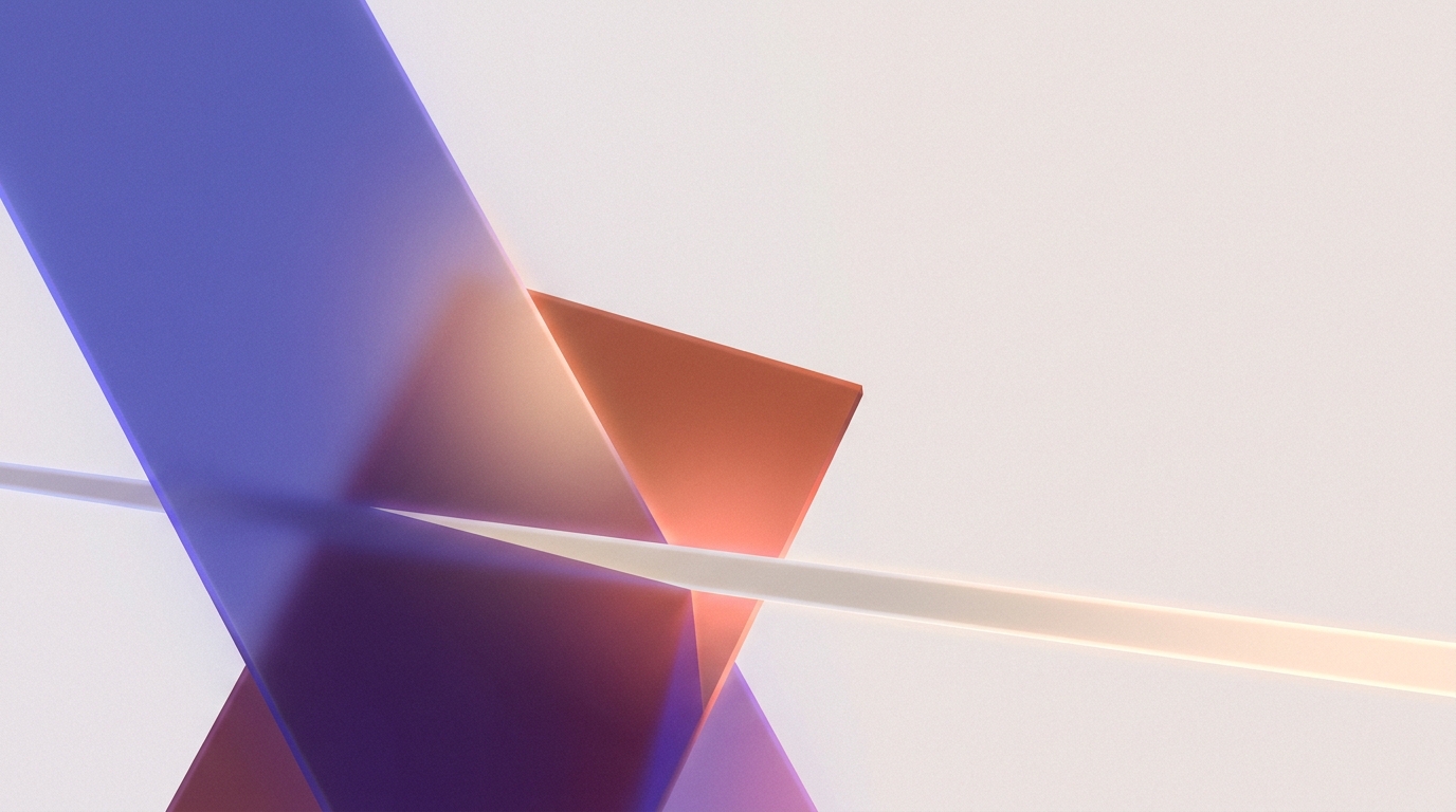 Abstract vaporwave gradient banner with overlapping indigo and terracotta translucent planes and a thin glowing sliver, evoking a single traceable path through layered shapes.