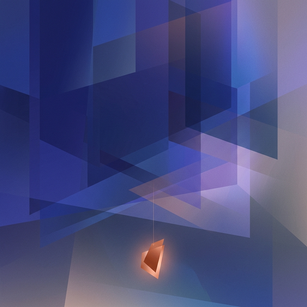 Abstract illustration of a small glowing orange shard connected by a thin line to a much larger field of indigo gradient planes.