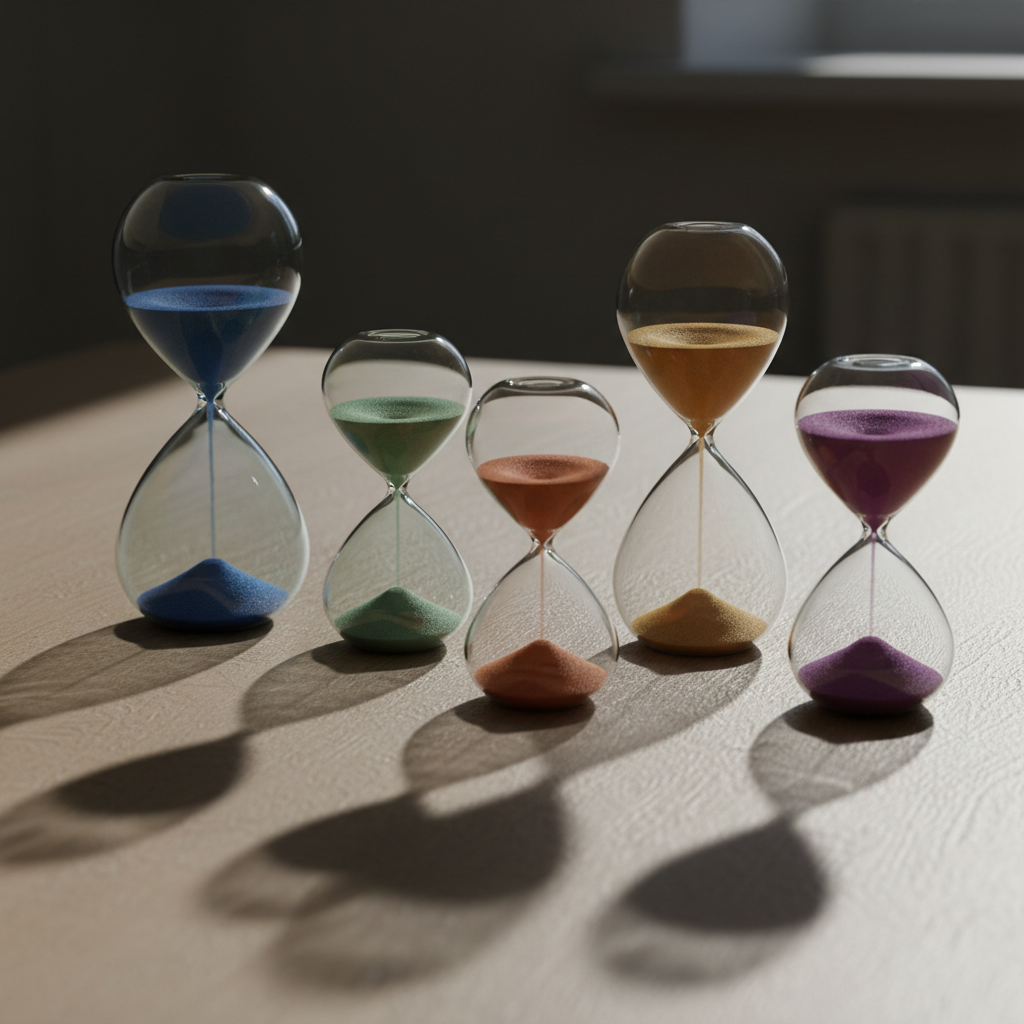 Multiple hourglasses of different sizes arranged on a desk, representing various timeout durations and escalation paths.