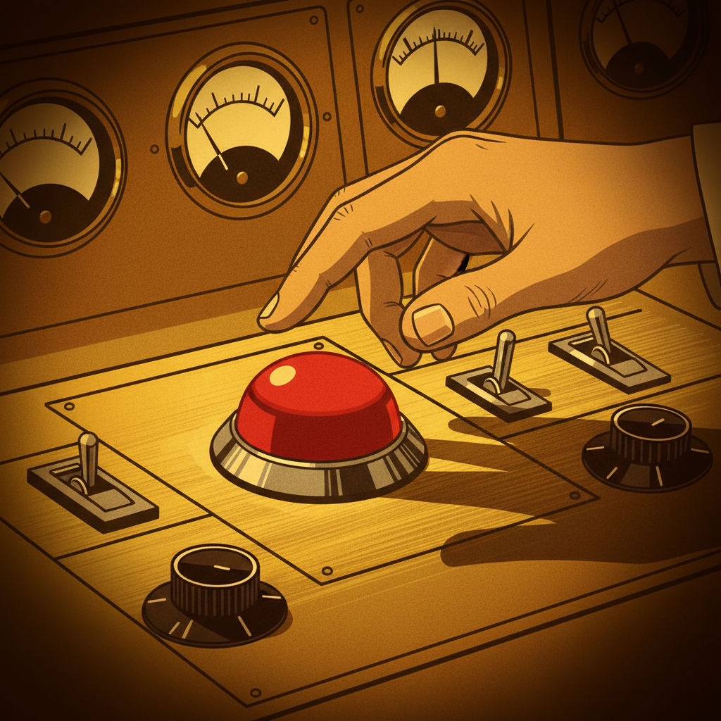 A hand hovering over a large red button on a control panel, representing the critical moment of human decision in automated systems.