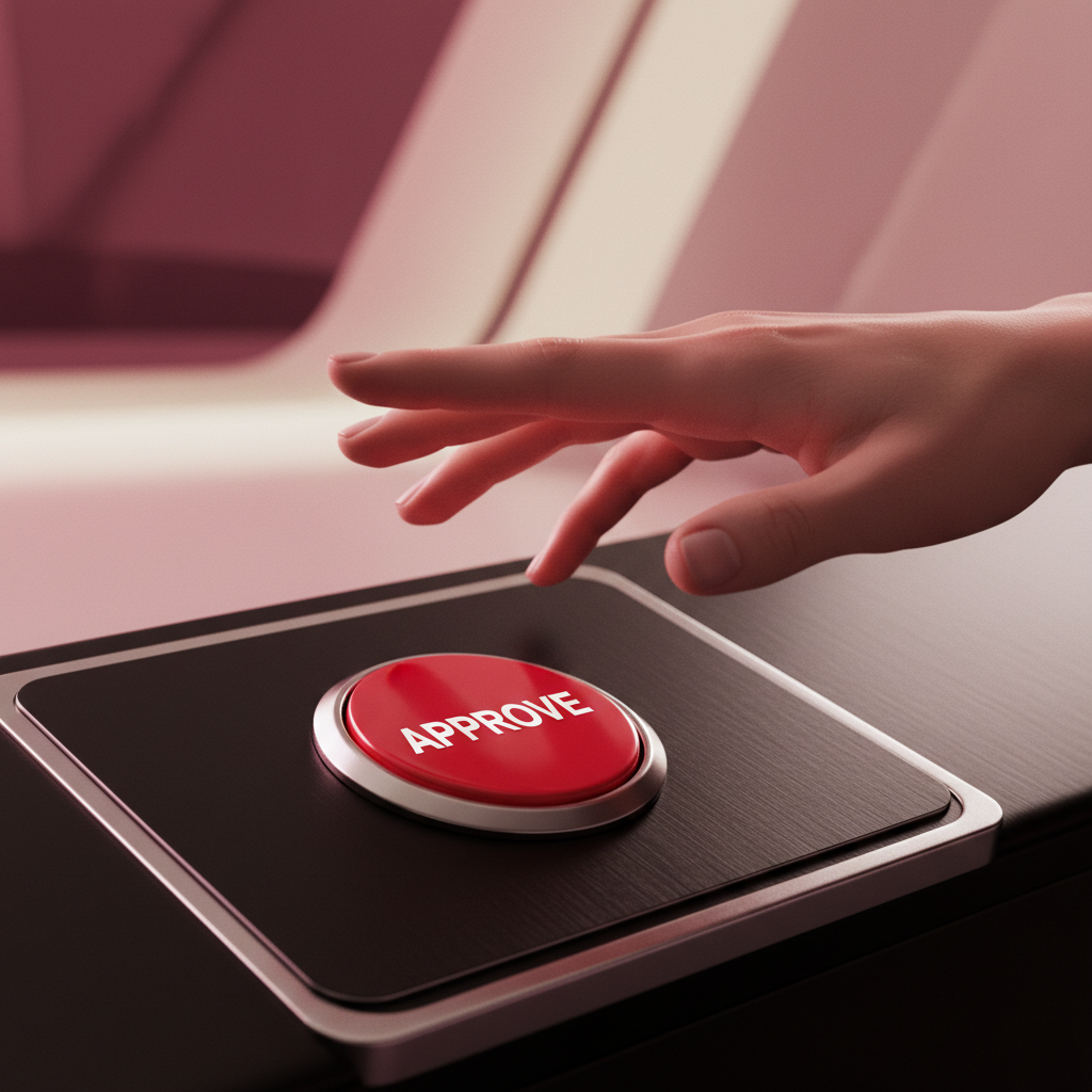 A hand poised over a red 'APPROVE' button, warm rose lighting, contemplative mood.