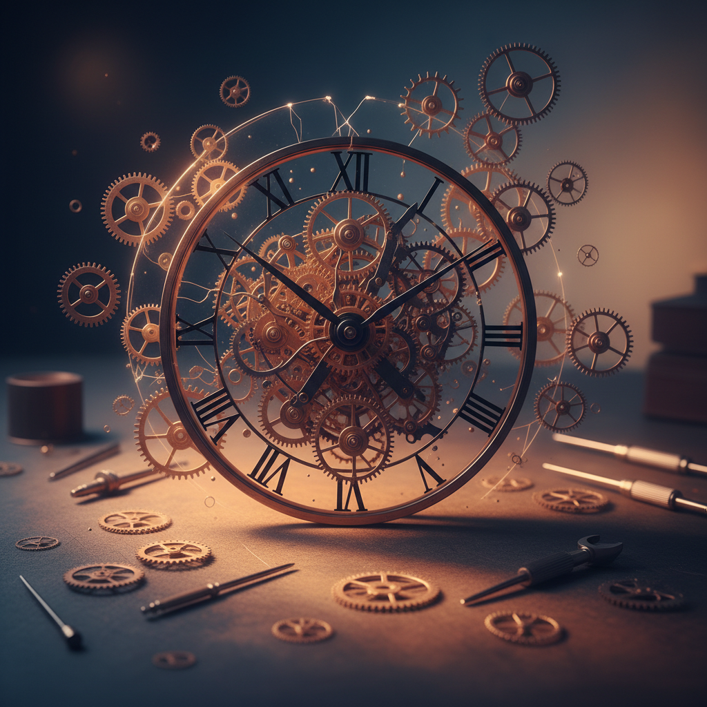 A close-up of an exposed mechanical clock surrounded by gears, symbolizing automation limits.