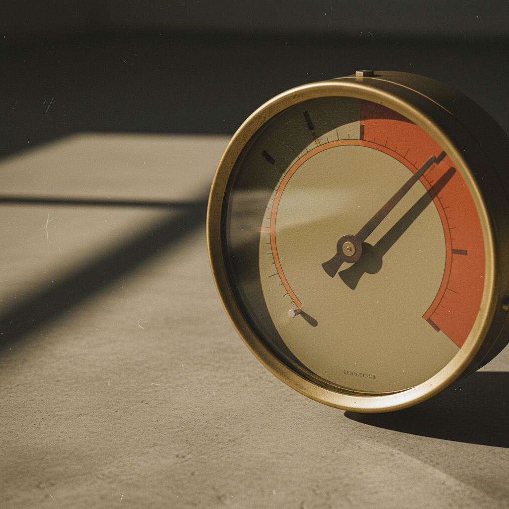 A vintage-style gauge or meter showing a needle pointing to the danger zone, representing automation limits being reached.