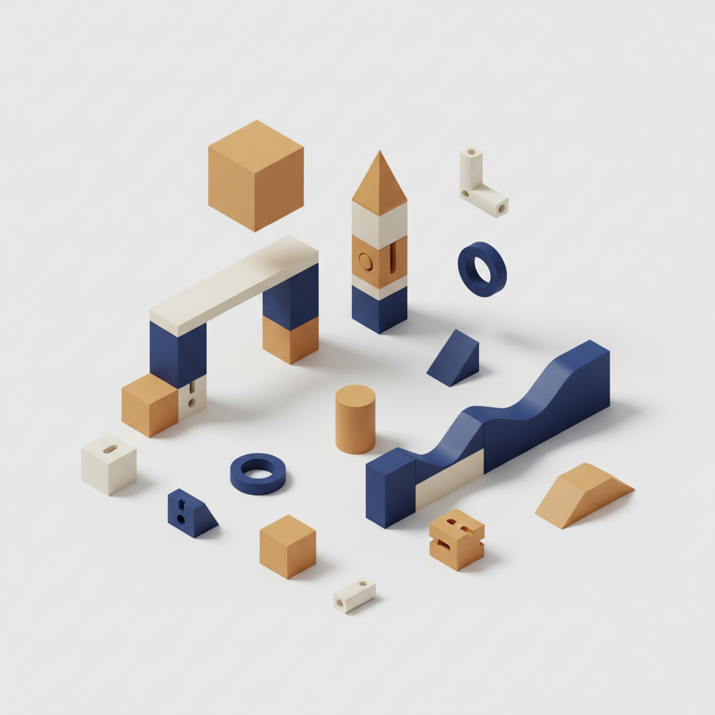 A modular construction scene showing building blocks that can be rearranged and connected in different ways.