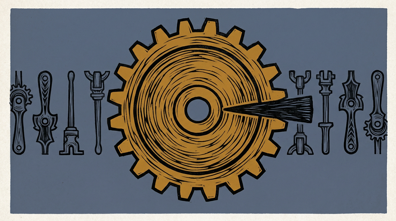 Woodcut-style illustration of a large gear wheel jammed by a wooden wedge while smaller wheels behind it sit motionless.