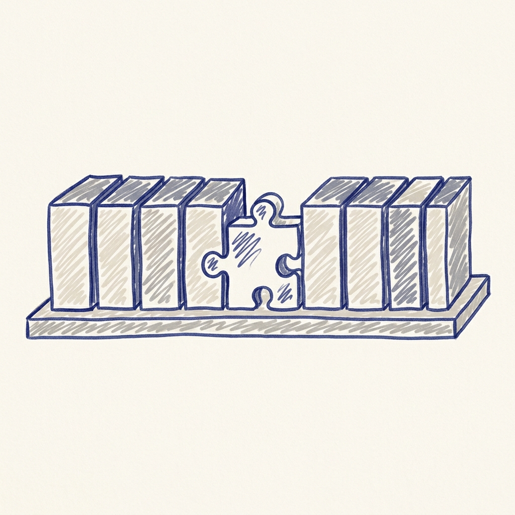 AI illustration by Charlie (gemini-3.1-flash-image) A single puzzle-piece-shaped block slotting into a plain row of boxes, drawn in a naive marker doodle style.