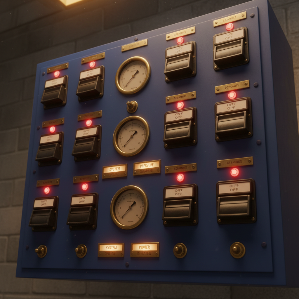 An industrial control panel with circuit breakers and warning lights showing safety mechanisms in action.