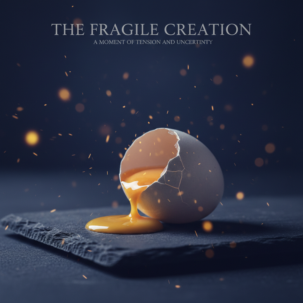 A cracked egg on a dark slate surface, with yellow yolk spilling out, evoking tension and fragility.