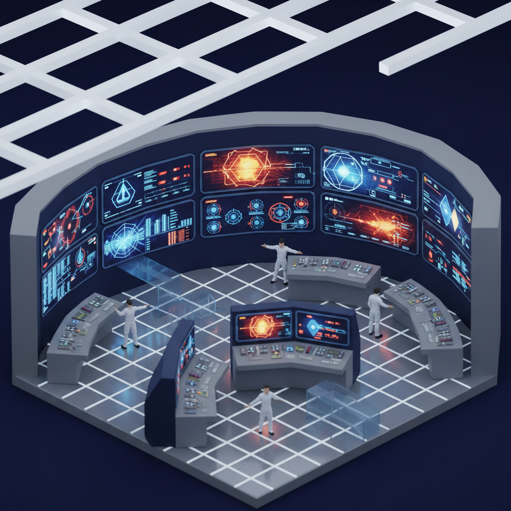 An isometric diorama of a control room with human operators monitoring automated systems.