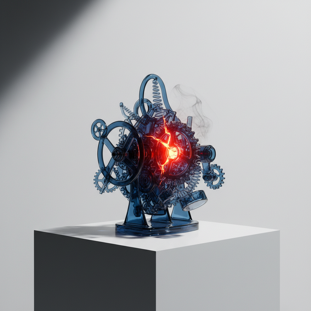 A fragile glass clockwork sculpture with one glowing, cracked gear representing system vulnerability.