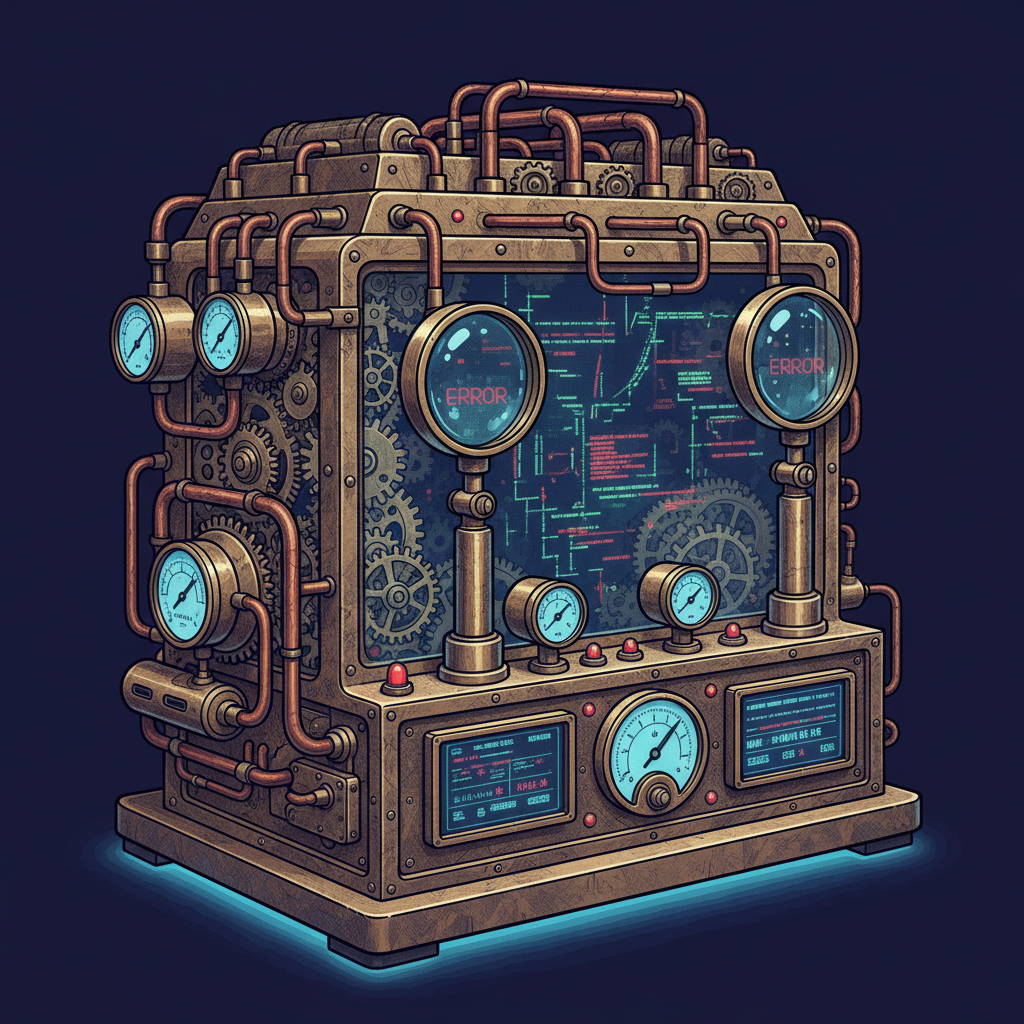 AI illustration by Charlie A complex mechanical debugging apparatus with exposed gears and diagnostic instruments examining code fragments.