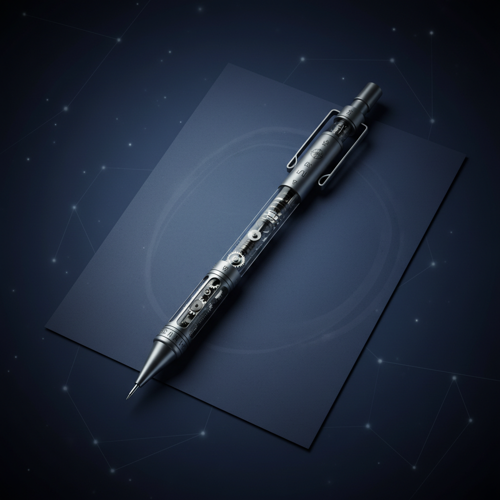 A mechanical pencil on a blank dark blue paper, symbolizing focus and creativity.