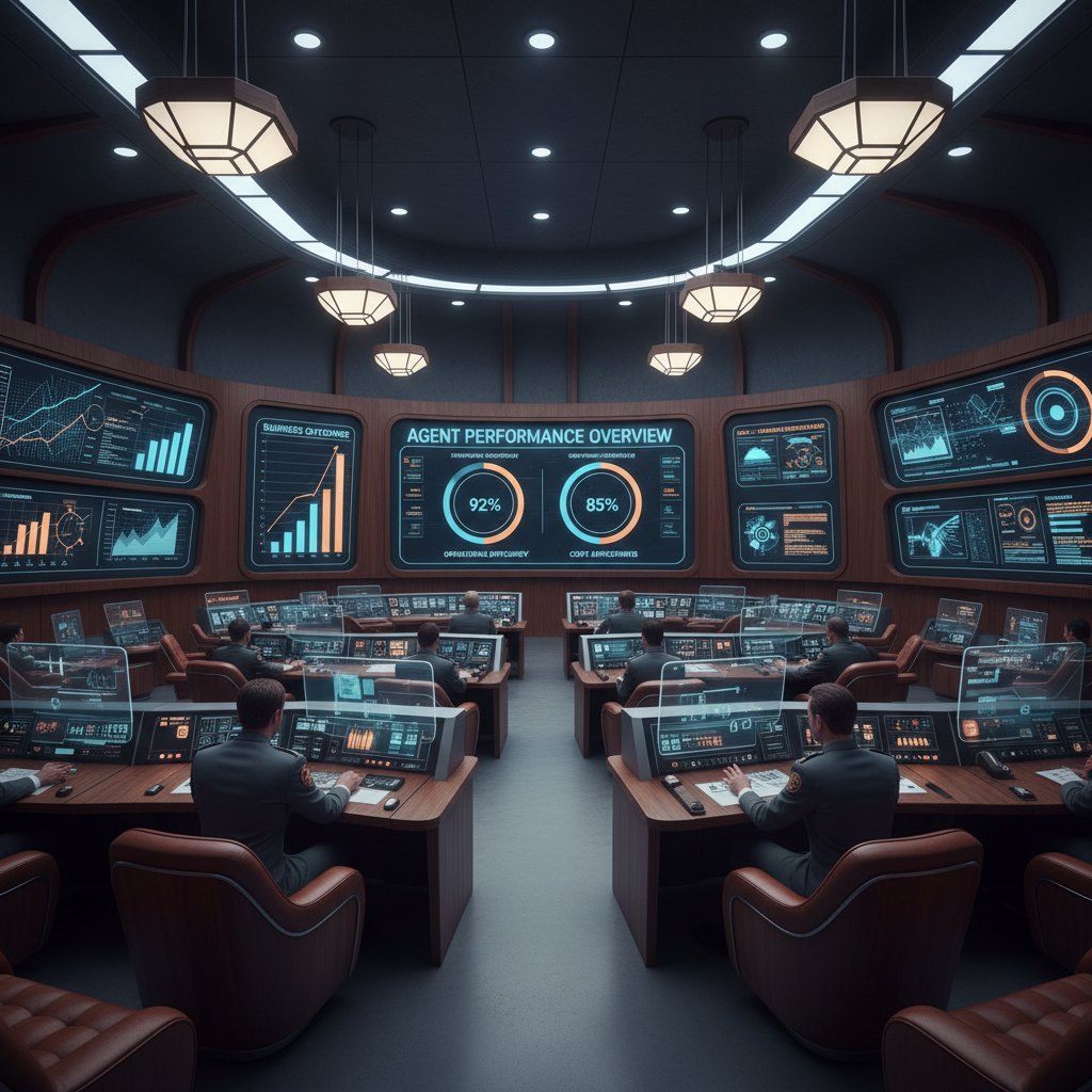 AI illustration by Charlie A mission control center with multiple monitoring screens tracking agent performance and business metrics.