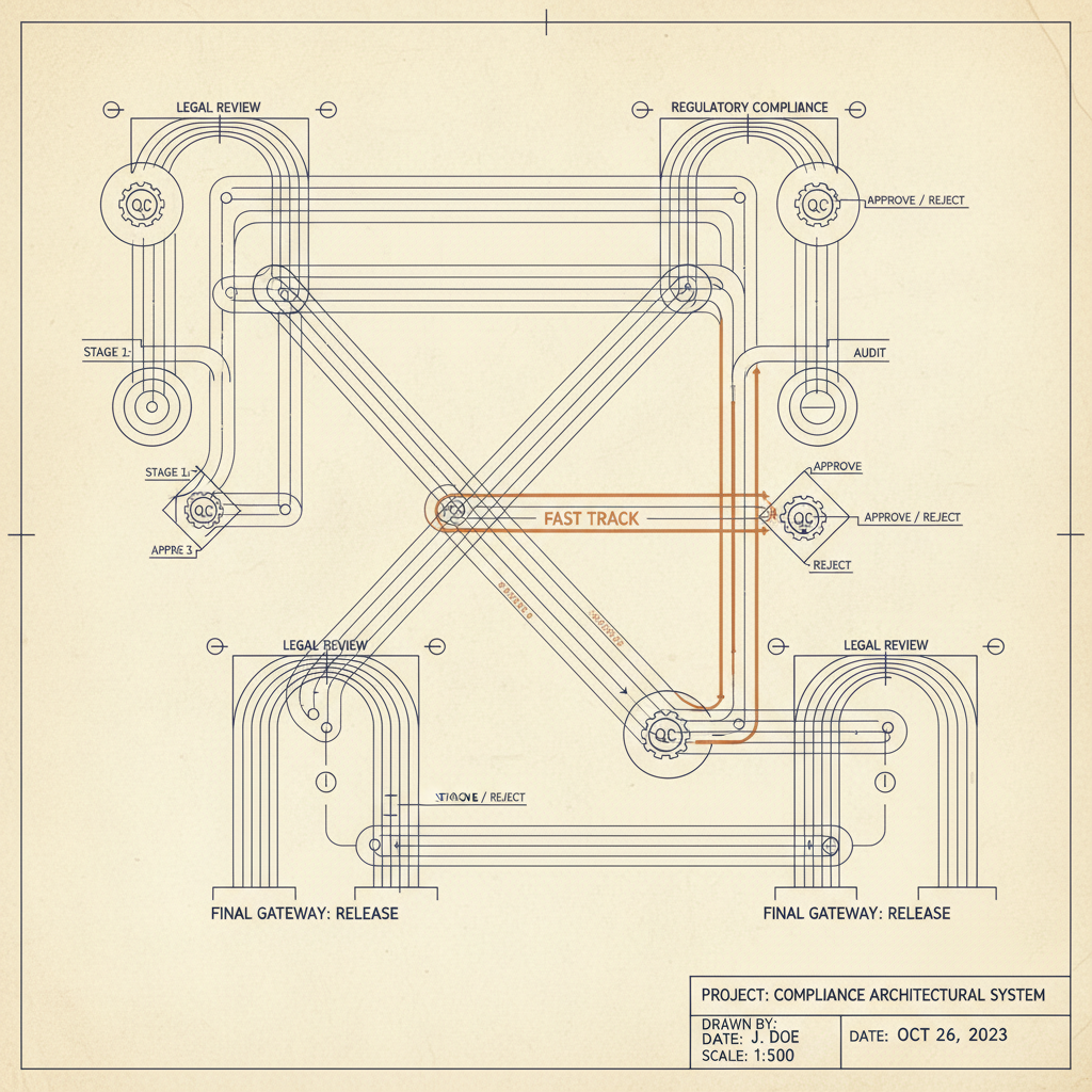 A detailed technical blueprint showing interconnected approval gates and decision pathways.
