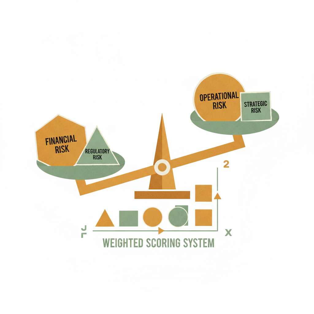A balanced scale with weighted decision criteria represented as geometric shapes.