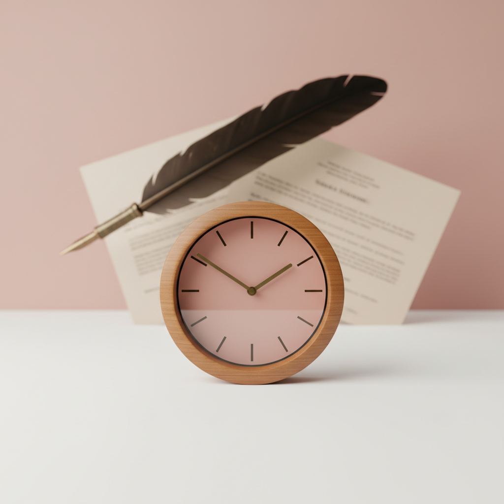 A wooden clock paused at 12 o'clock with blurred legal documents in the background.