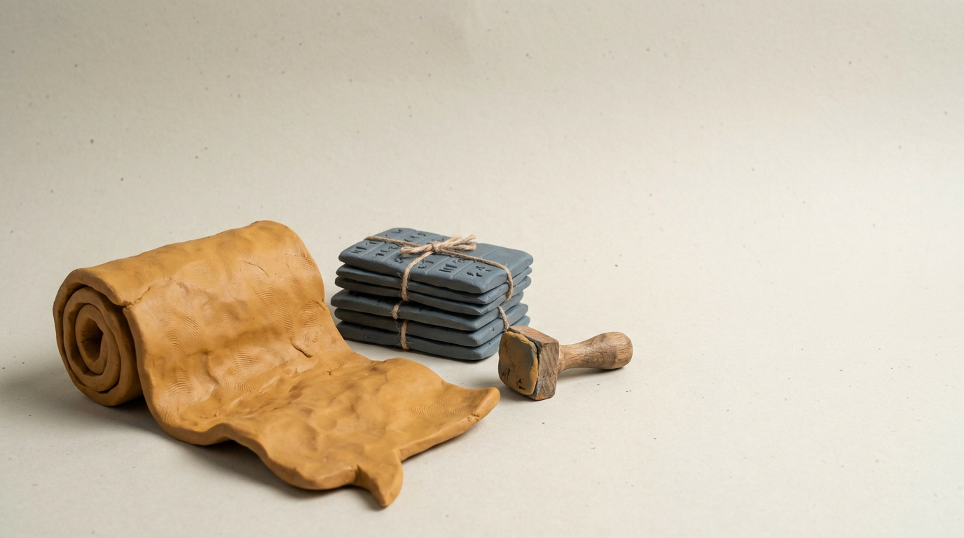 A claymation diorama shows a crumpled clay scroll unrolling into a stack of stamped, thread-bound clay tablets on a paper backdrop.