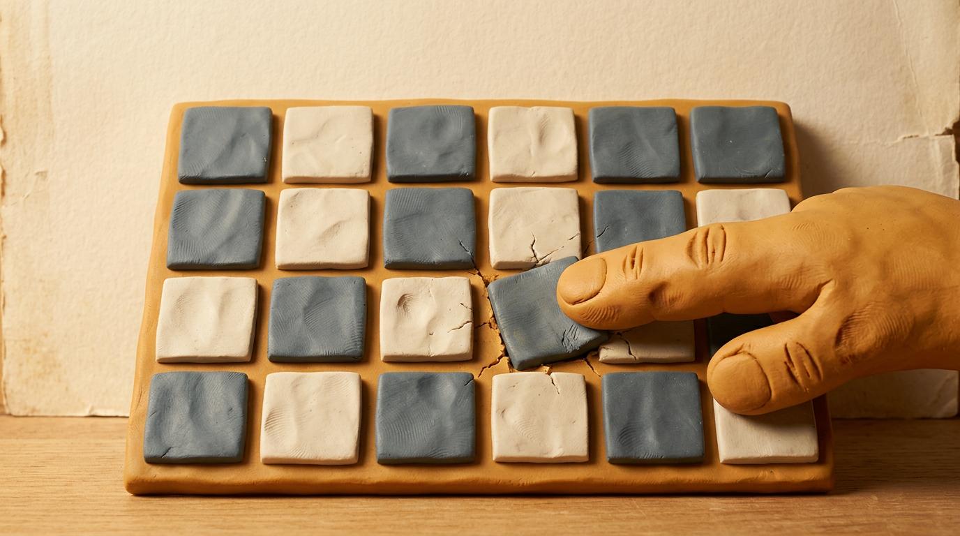 A claymation diorama of a plasticine hand fat-fingering a tiny clay grid of cells on a tabletop, with one cell knocked askew.